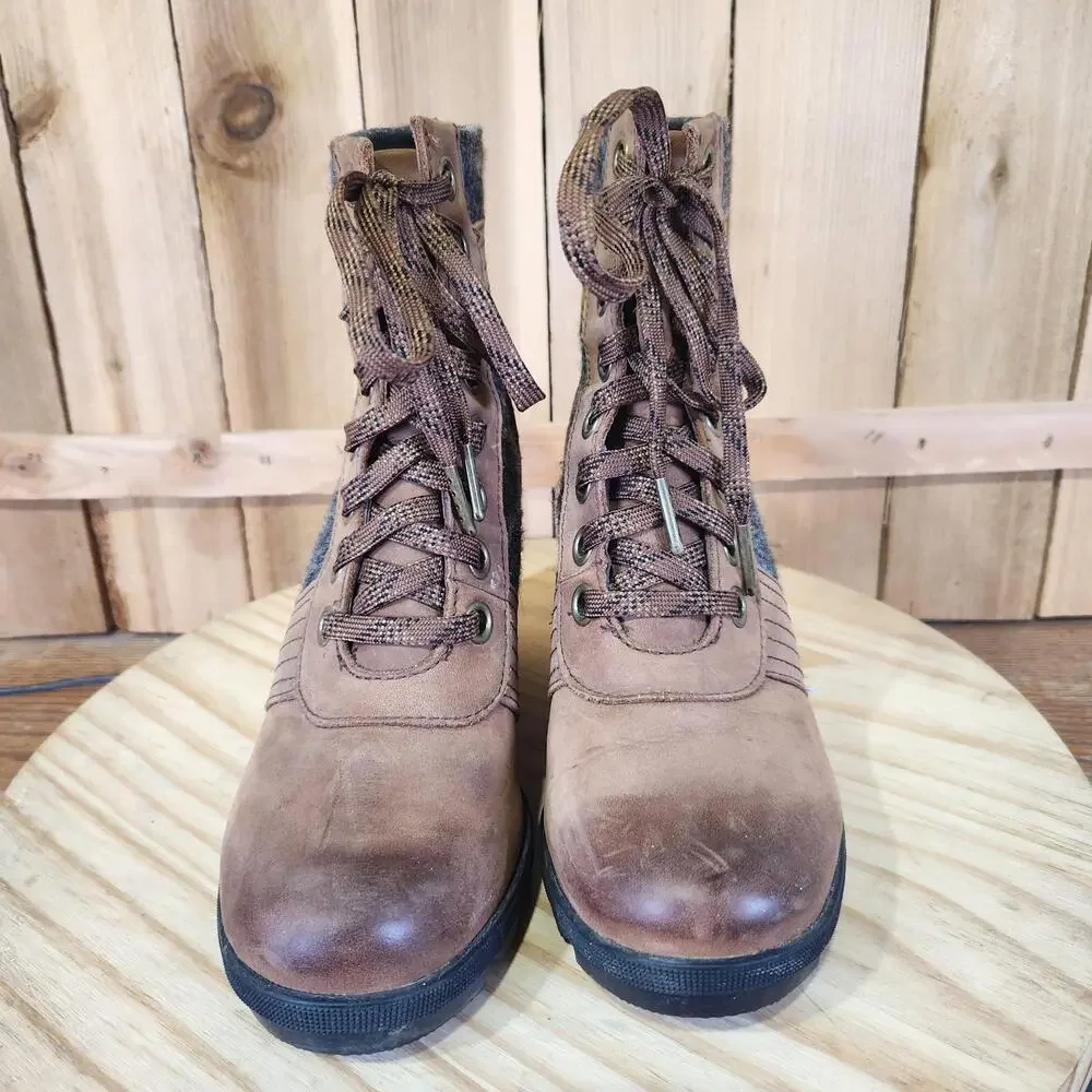 Sorel Lexie Wedge Boots Womens 7 Brown Leather Felt Lace Up Bootie Ankle Winter